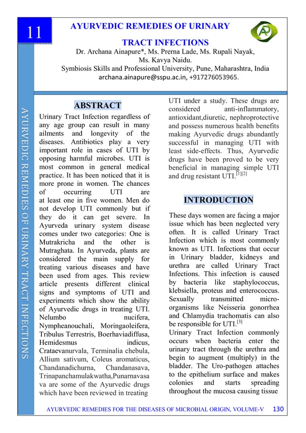 Published paper: Ayurvedic Remedies of Urinary Tract Infections